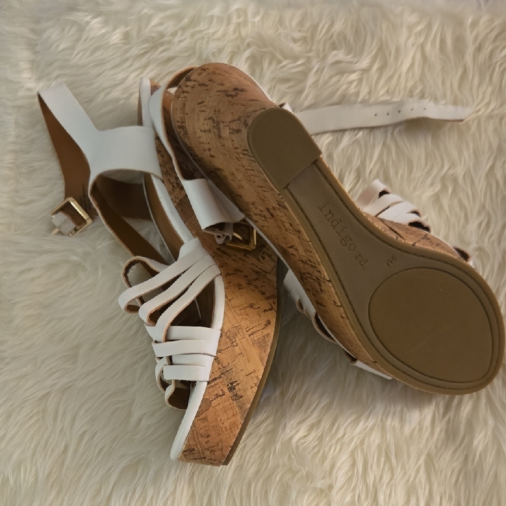 Indigo Women's White and Brown Wedge Sandals - Picture 2 of 3